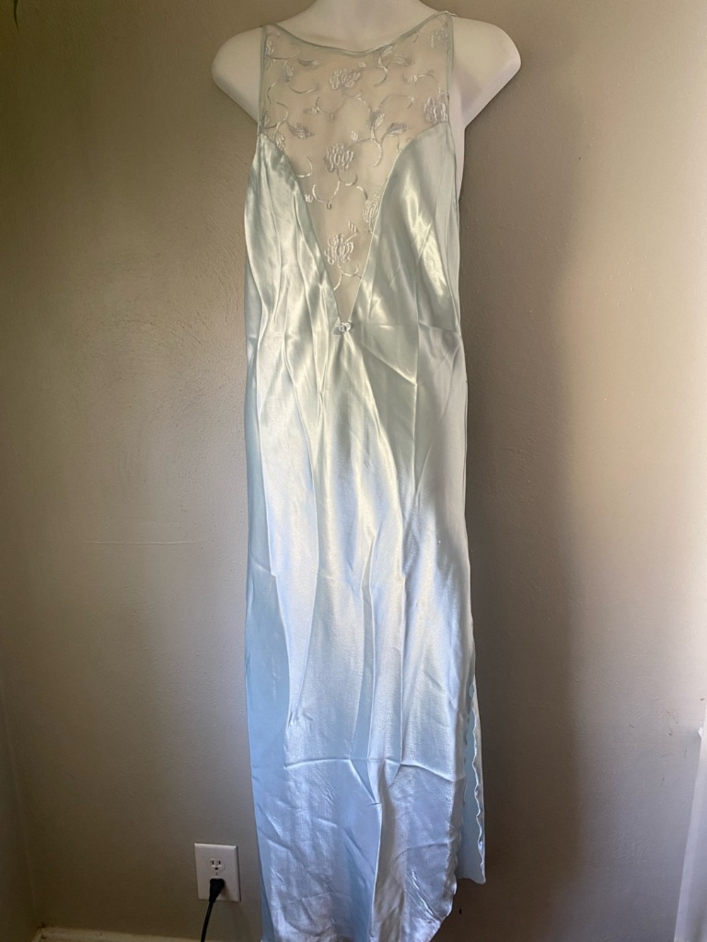 Miss Dior vtg Sheer Yoke Satin Slip Dress in Pale Blue